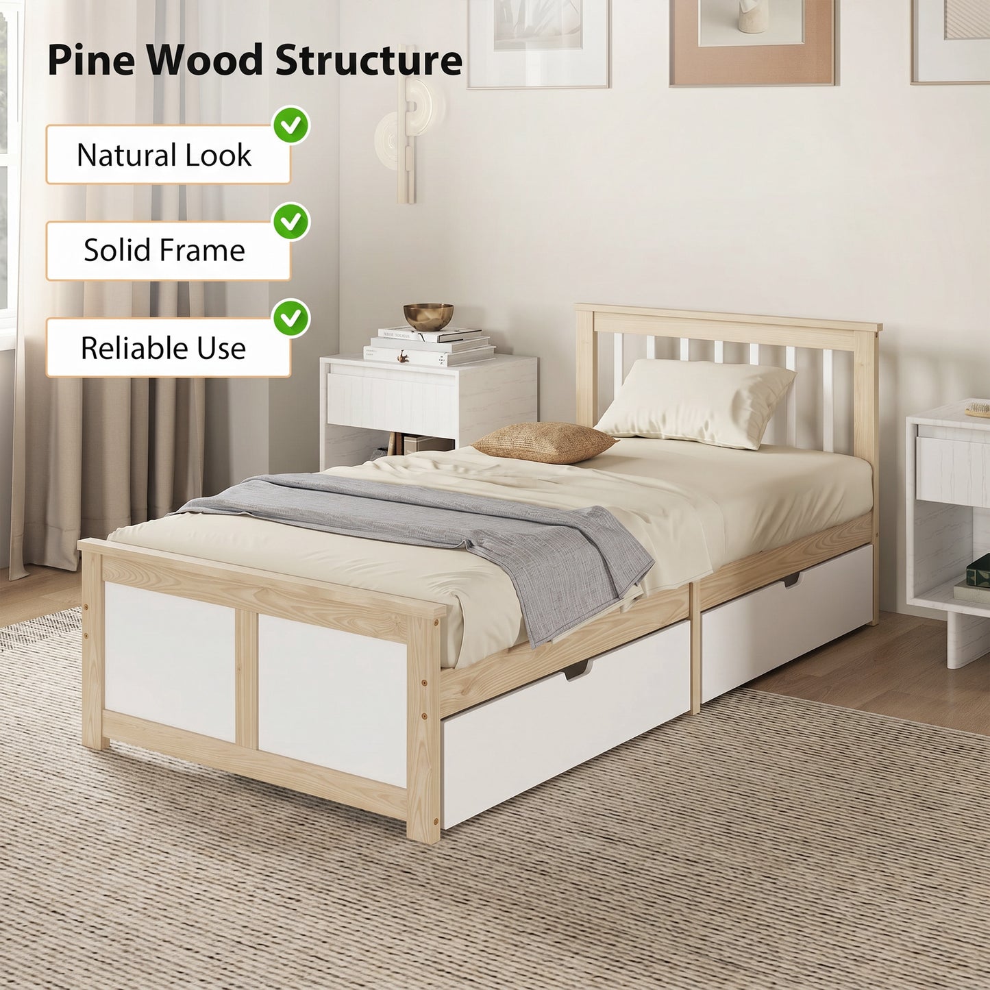 HOMCOM Pine Storage Bed, 3ft Single Solid Wooden Bed Frame with Drawers, Headboard, Wood Slat Support, Natural Wood Finish