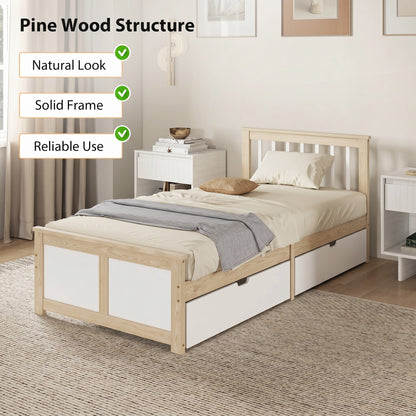 HOMCOM Pine Storage Bed, 3ft Single Solid Wooden Bed Frame with Drawers, Headboard, Wood Slat Support, Natural Wood Finish