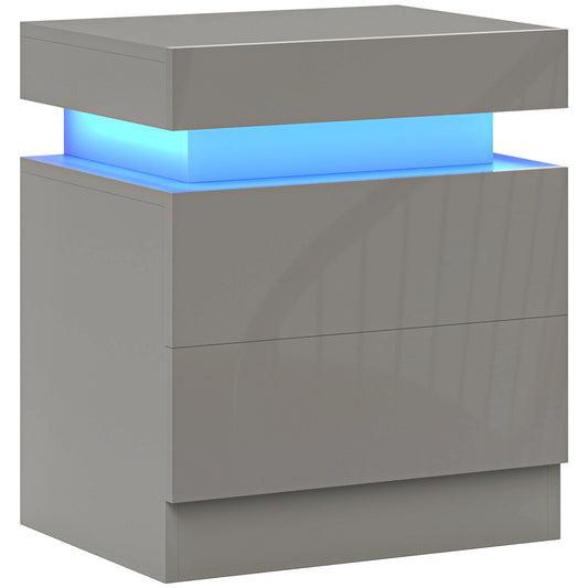 HOMCOM Grey Bedside Table with LED Light, High Gloss Front Nightstand with 2 Drawers, for Living Room, Bedroom