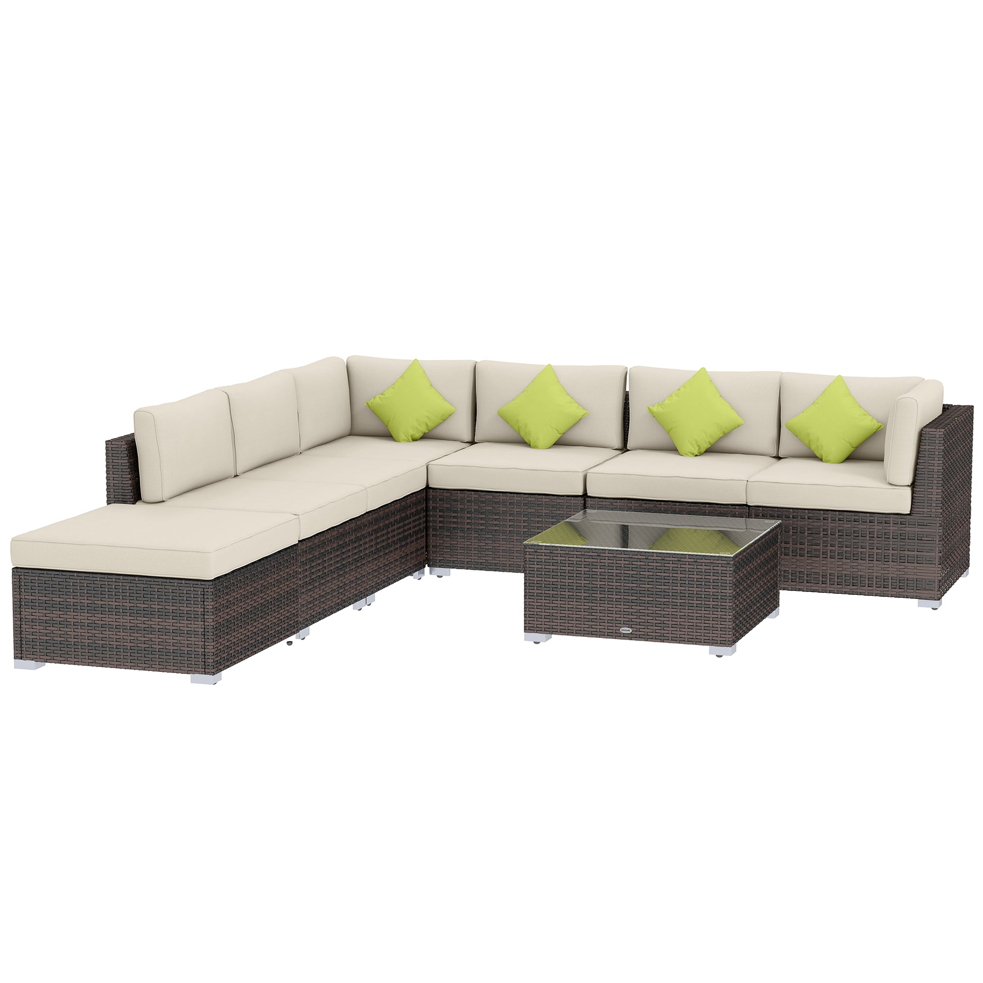 Outsunny 8 Piece Rattan Corner Sofa Set with Wide & Deep Seat, Assembled Aluminium PE Rattan Garden Furniture Set with Thick Cushions and Glass Top Table for Outdoor, Conservatory, Mixed Brown-Outdoor Furniture Sets-ChewyGames-ChewyGames