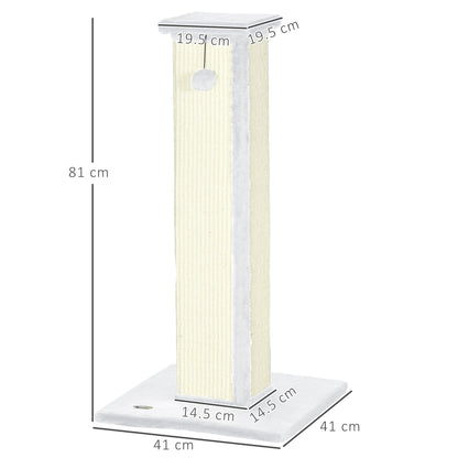 PawHut 81cm Cat Scratcher, Vertical Full Scratcher w/ Natural Sisal Rope, Hanging Ball, Soft Plush - White