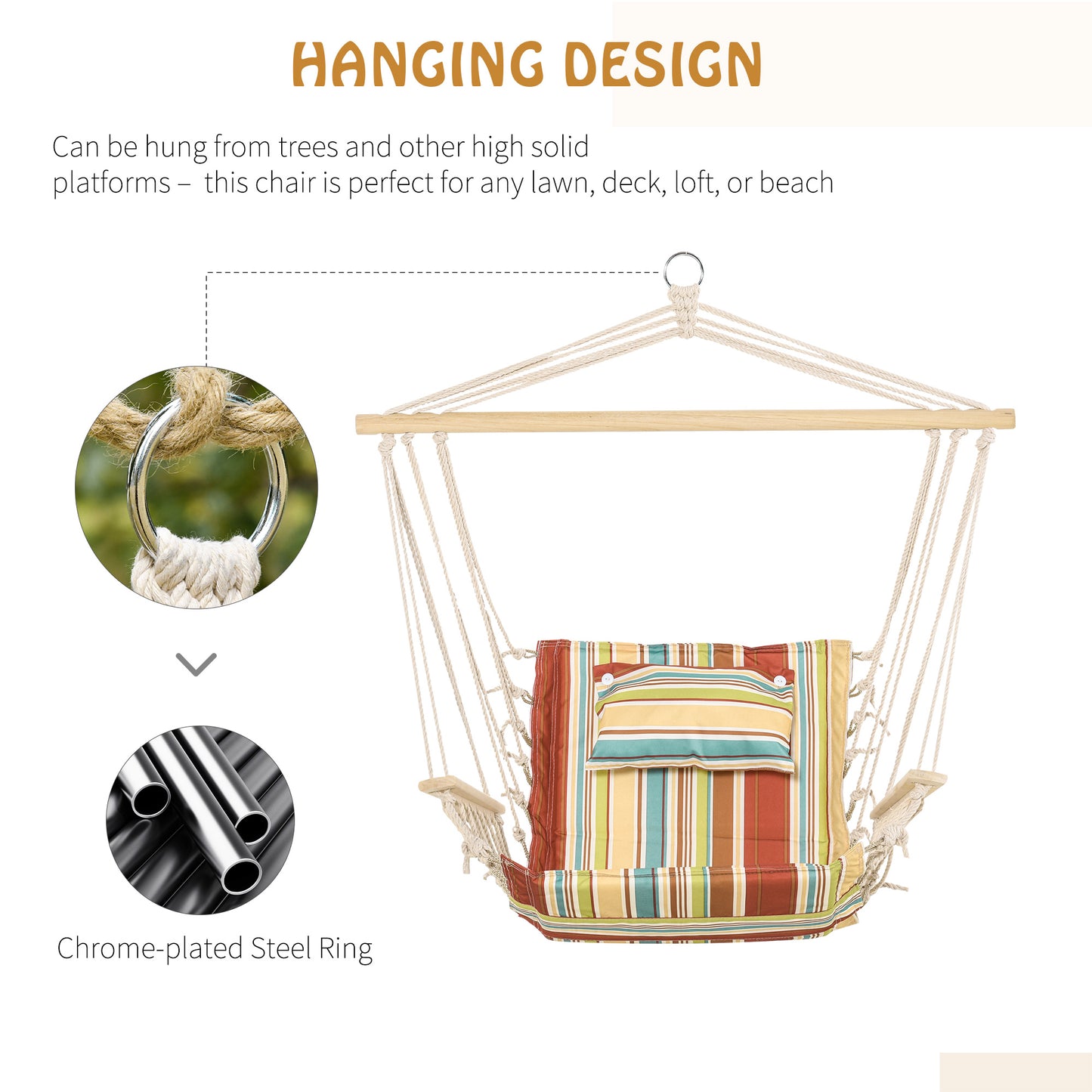Outsunny Hanging Hammock Chair Swing Chair Thick Rope Frame Safe Wide Seat Indoor Outdoor Home, Patio, Yard, Garde Spot Stylish Multi-Color Stripe--ChewyGames-ChewyGames