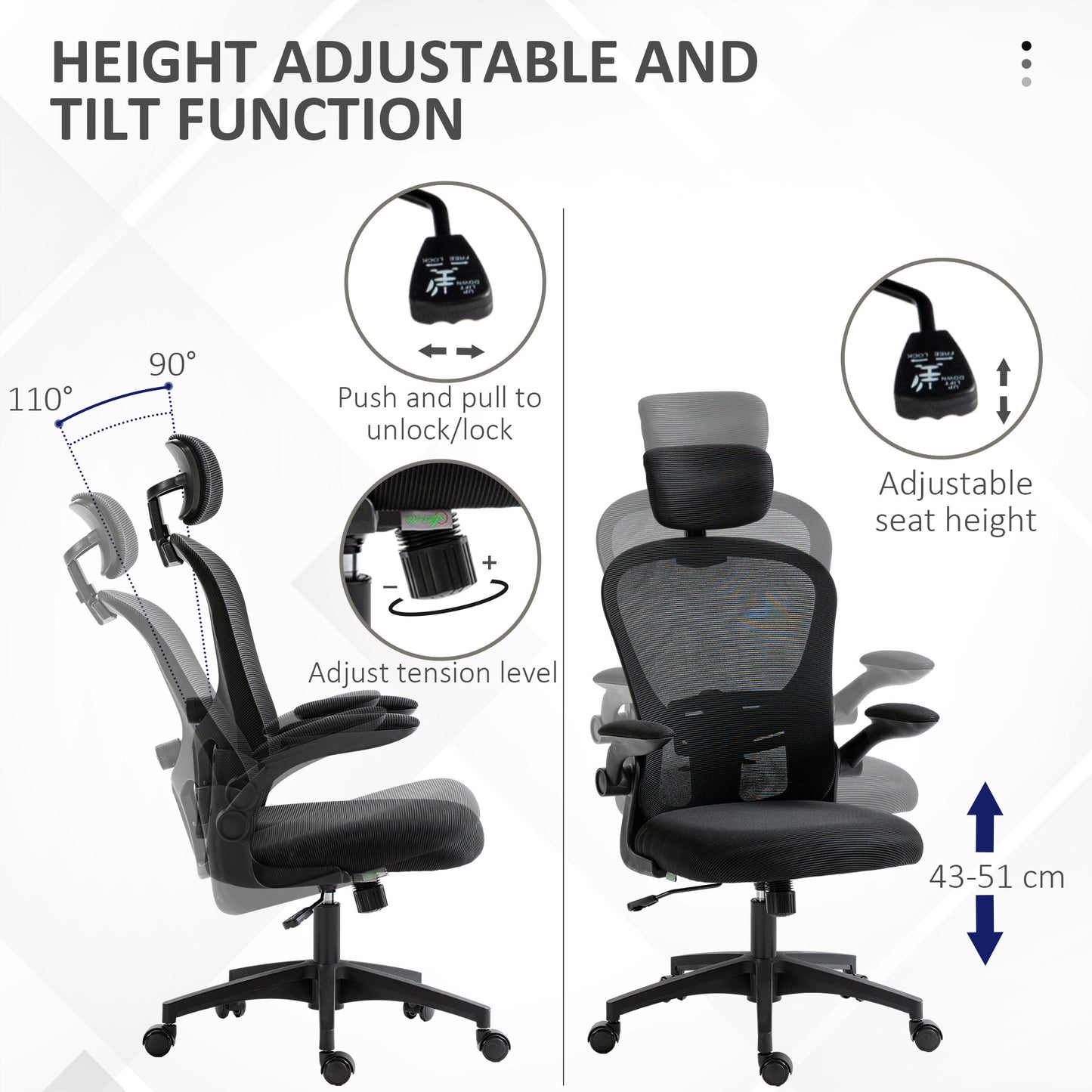Vinsetto Multi-Adjustable Office Chair, with Lumbar Support, Headrest and Mesh Back - Black