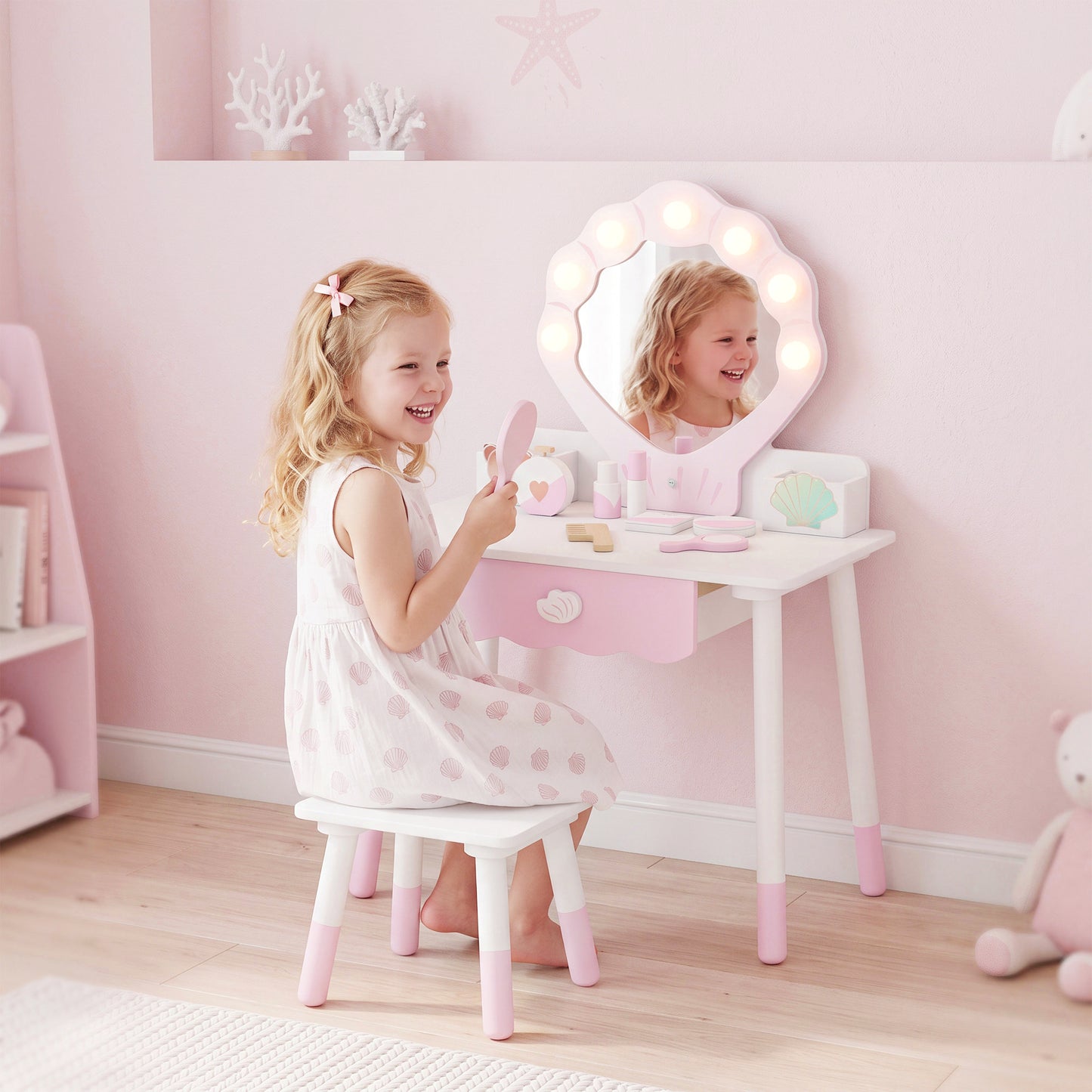 AIYAPLAY Kids Vanity Set, Kids Dressing Table with Chair, Acrylic Mirror, Lighted Bulbs, 7-Piece Accessories, for 3-8 Years, Pink