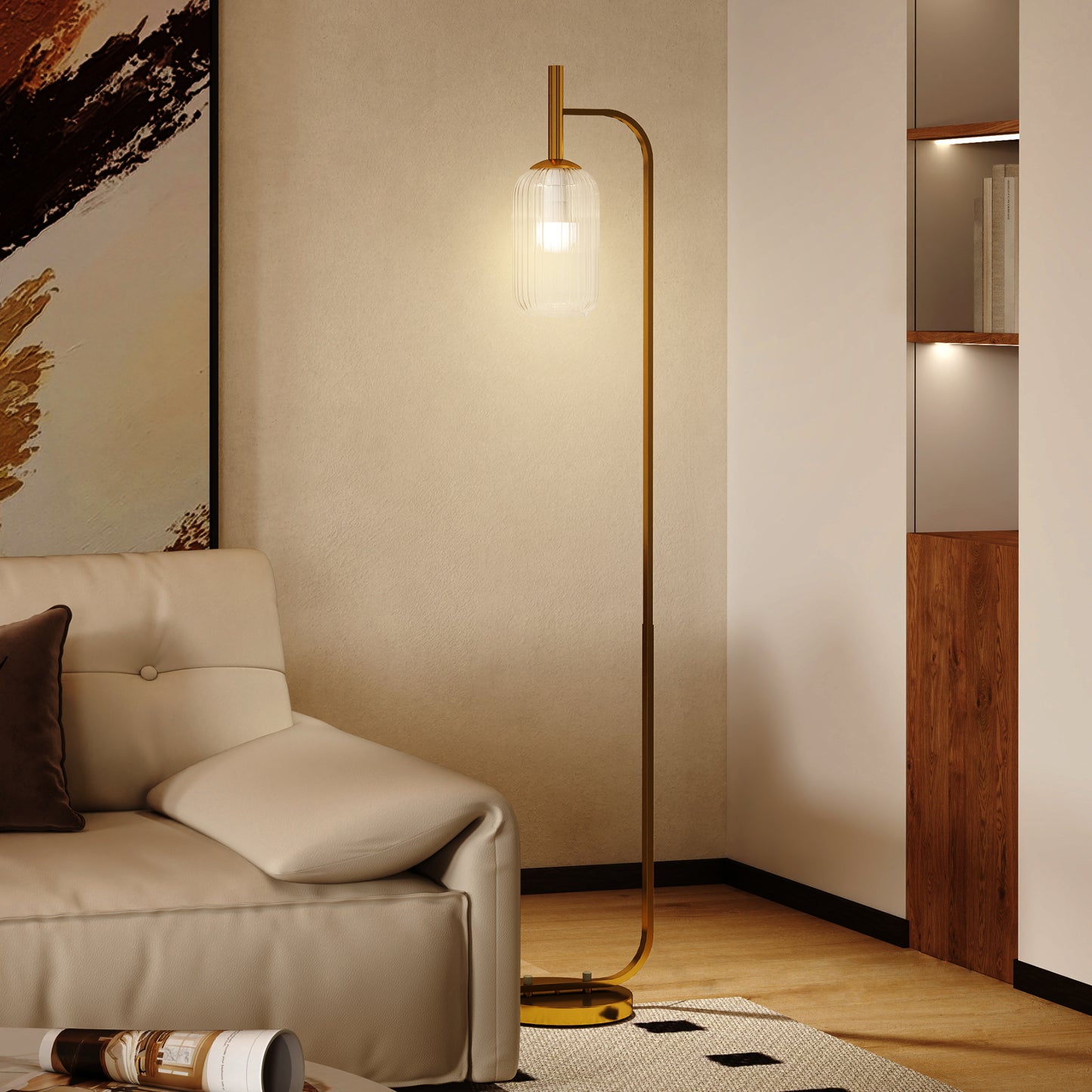 HOMCOM LED Floor Lamp for Living Room with Glass Lampshade, Modern Standing Lamp with Foot Switch, Adjustable Brightness, 2700K for Bedroom, Gold Tone