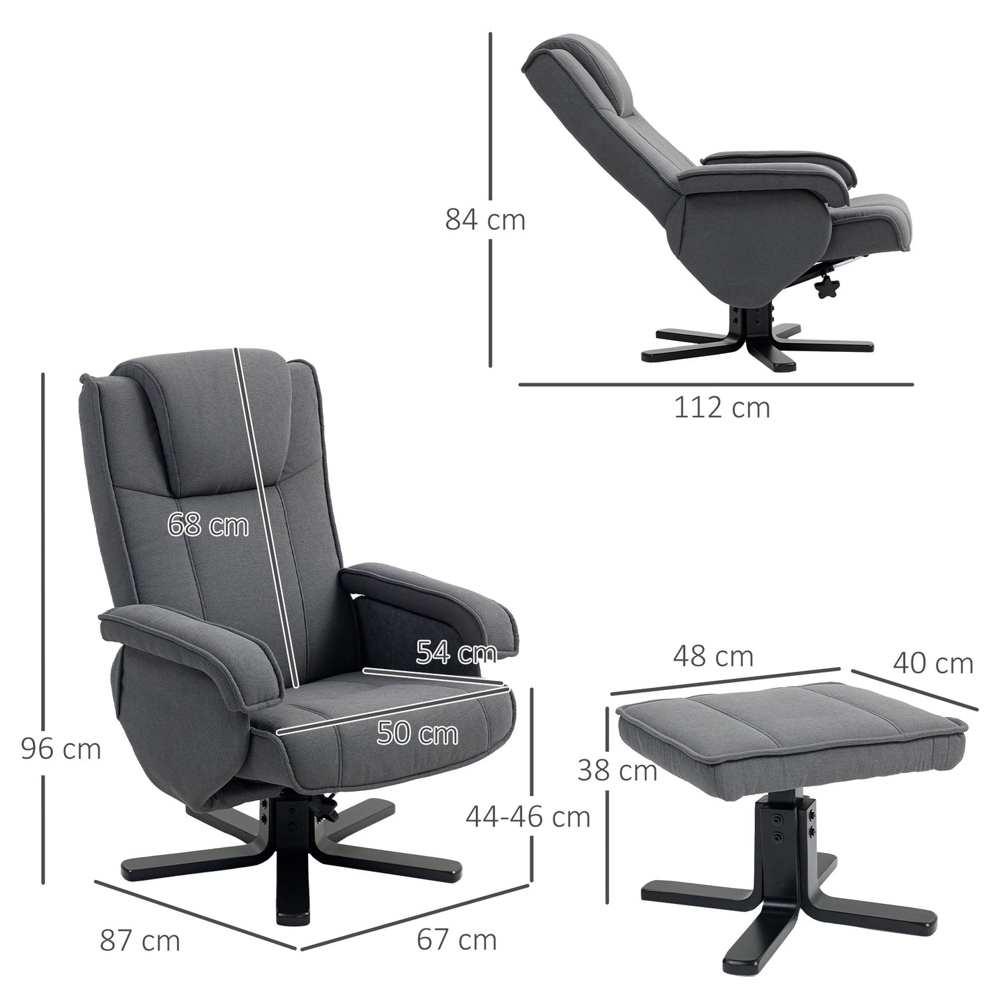 HOMCOM Swivel Recliner Chair with Footstool - Charcoal Grey Velvet