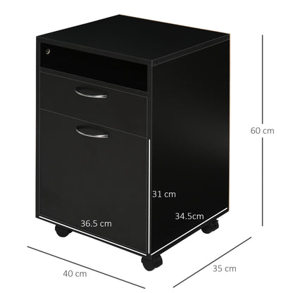 HOMCOM Filing Cabinet, Mobile File Cabinet with 2 Drawers, Office Home Organiser on Wheels for A4, Letter-Size File Folders, Mobile Printer with Open Shelf, Black