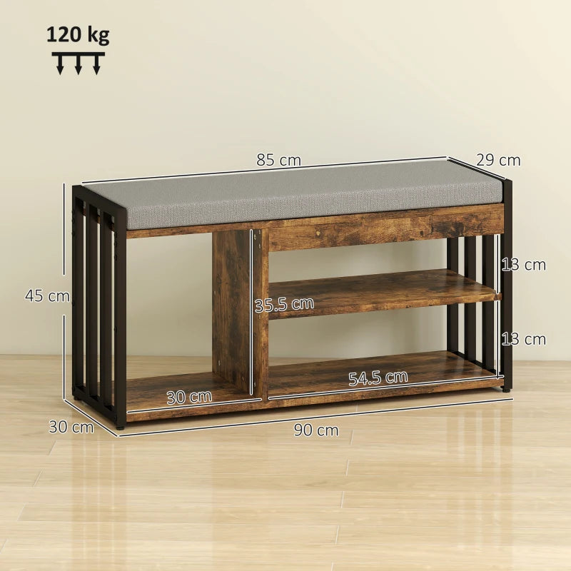 HOMCOM Shoe Storage Bench w/ Seat, Upholstered Entryway, 3 Shelves Brown