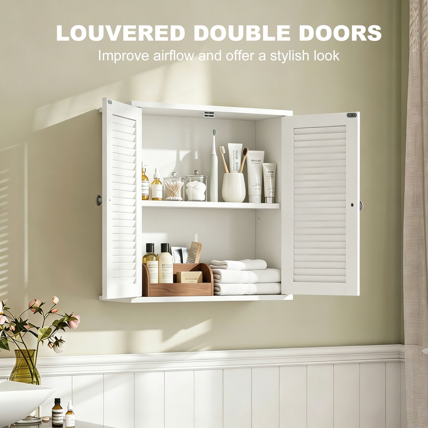 HOMCOM Bathroom Cabinet, Bathroom Wall Cabinet with Louvered Doors and Adjustable Shelf Storage for Kitchen, White