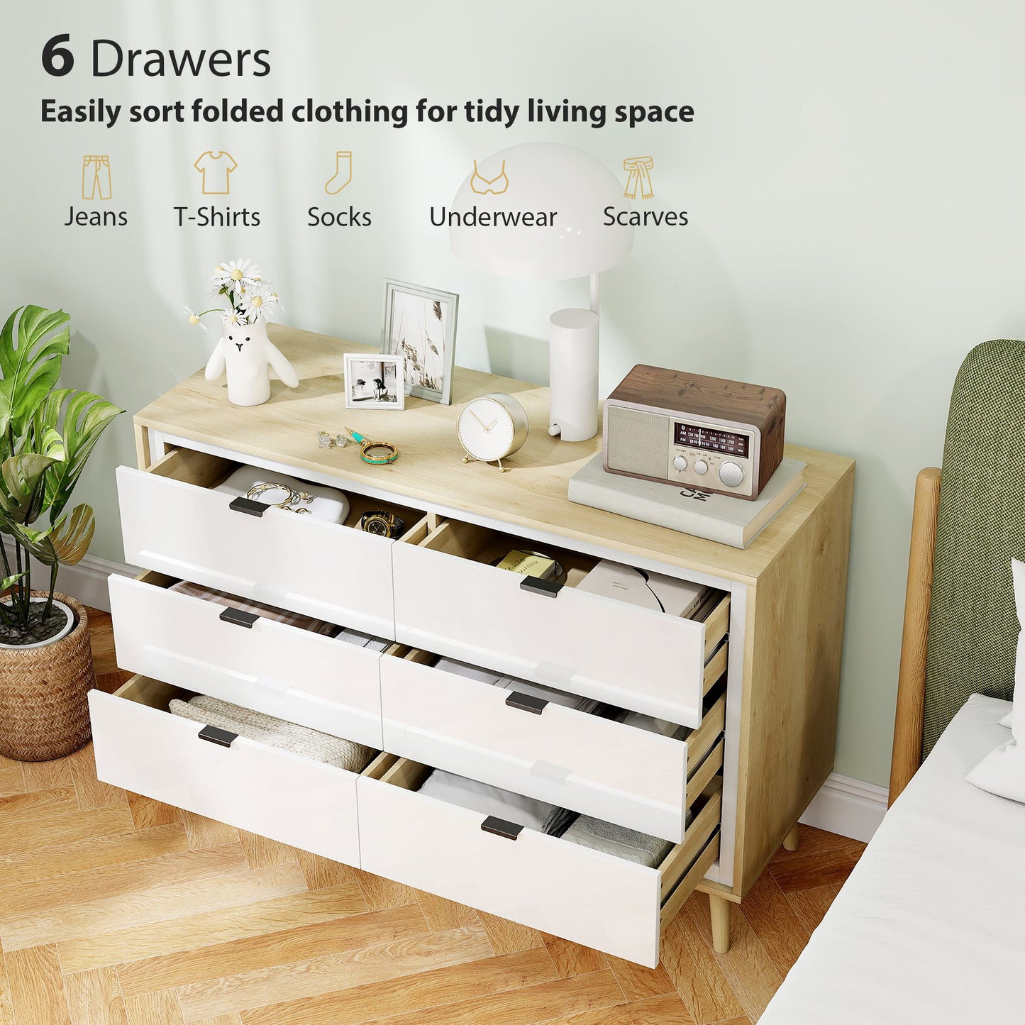 HOMCOM Storage Cabinet, Chest of Drawers with 6  Drawers and 5 Legs for Bedroom,  High Gloss White
