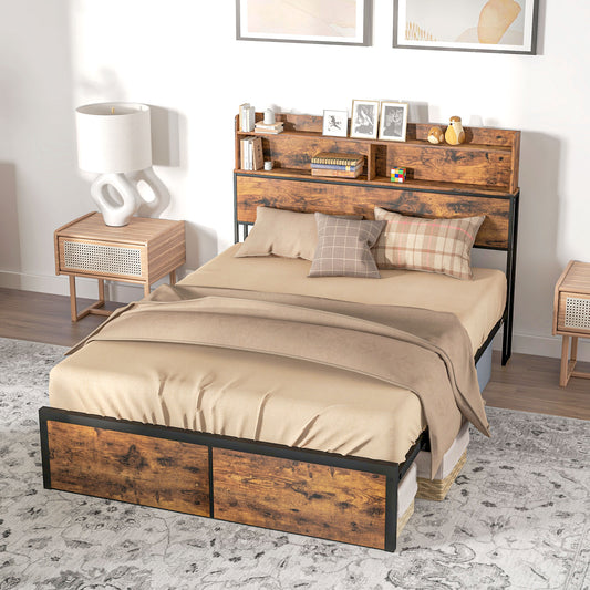 HOMCOM Industrial Double Bed Frame with Storage Headboard & Under-Bed Space – Robust Steel Base, 4.8 ft Double Bed, Rustic Brown