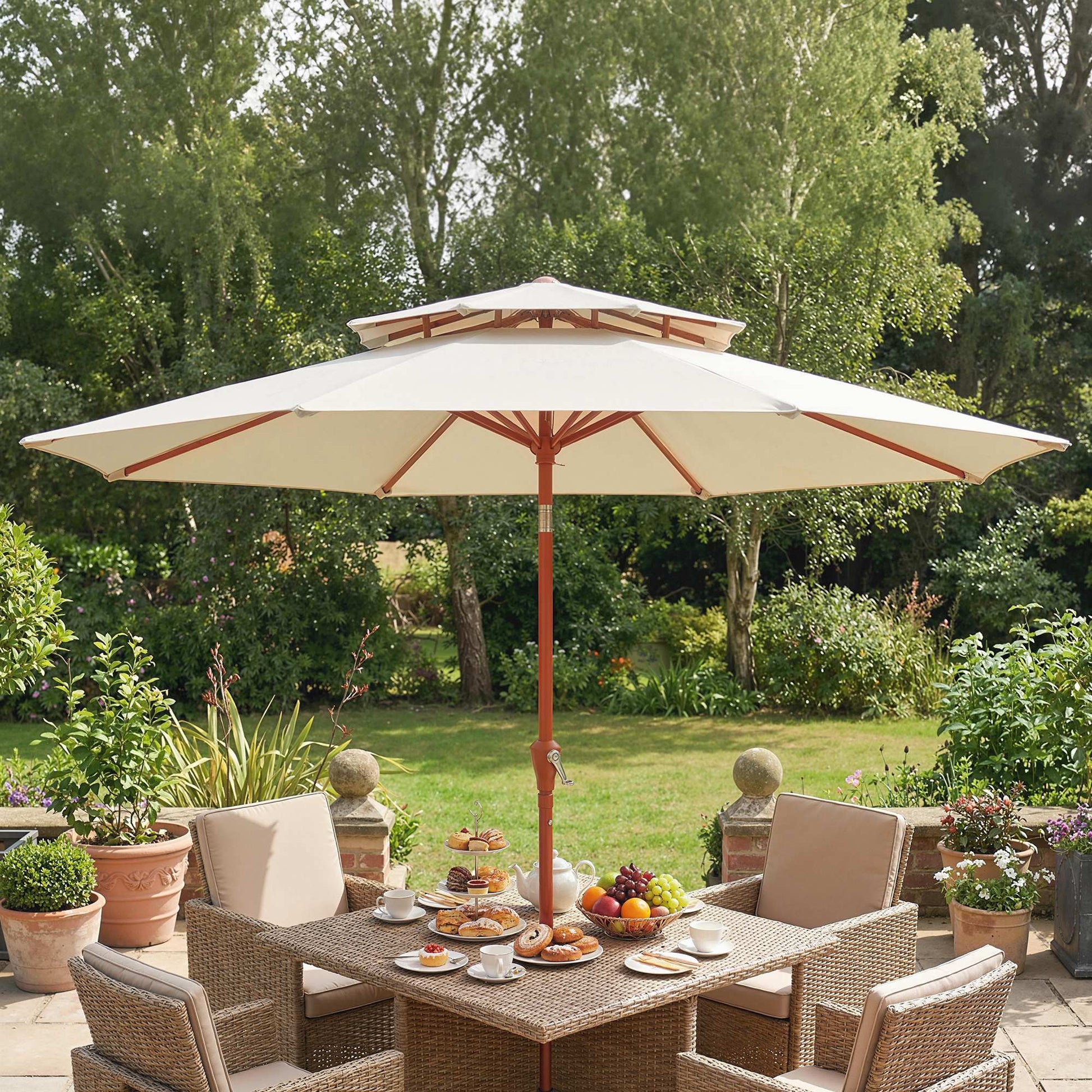 Outsunny 2.7 m Garden Parasol with Double Top Outdoor Market Table Umbrella with Crank System, Cream White--ChewyGames-ChewyGames