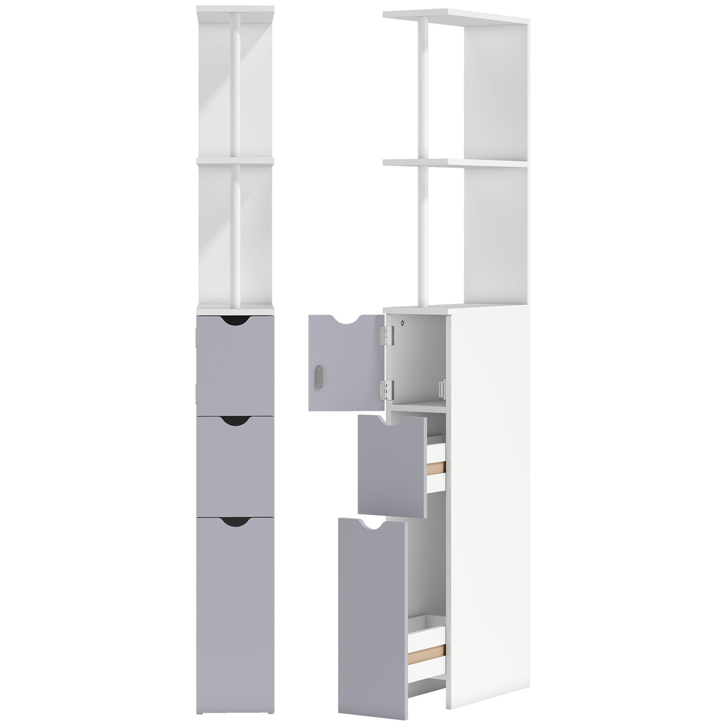 HOMCOM Tall Bathroom Cabinet, Freestanding Slim Bathroom Storage Cabinet with 2-Tier Open Shelf and 2 Drawers for Small Space, Narrow Cupboard Storage Unit, White and Grey