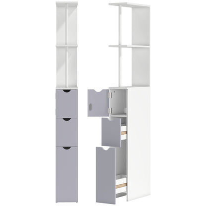 HOMCOM Tall Bathroom Cabinet, Freestanding Slim Bathroom Storage Cabinet with 2-Tier Open Shelf and 2 Drawers for Small Space, Narrow Cupboard Storage Unit, White and Grey