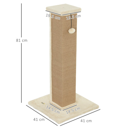 PawHut 81cm Cat Scratcher, Vertical Full Scratcher w/ Natural Jute Rope, Hanging Ball, Soft Plush - Beige