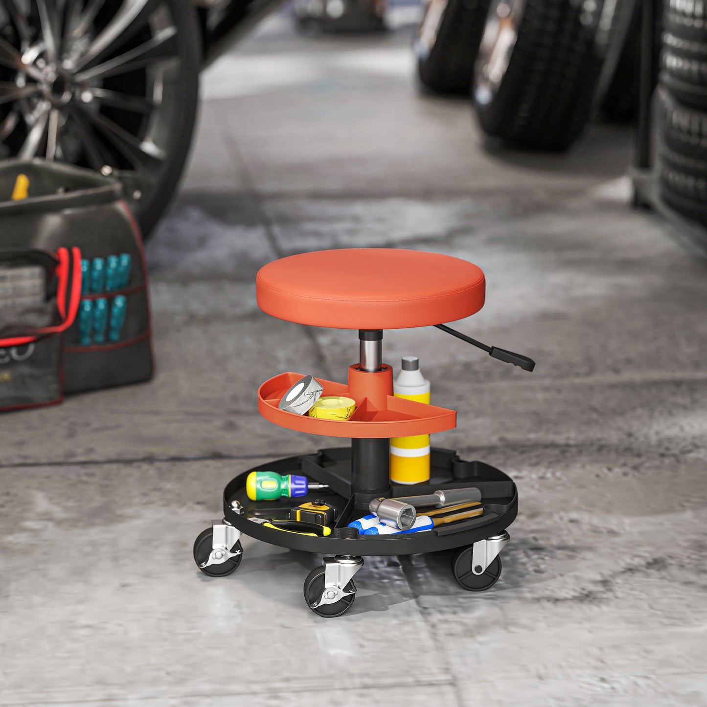 HOMCOM Rolling Mechanic Stool, 135kg Capacity Workshop Stool, 360° Swivel Roller Padded Creeper Seat with Wheels, Tool Trays Storage for Garage, Shop, Auto Repair, Yellow