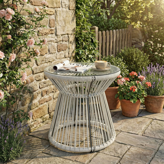 Outsunny Rattan Outdoor Coffee Table, PE Rattan Wicker Bistro Side Table with Tempered Glass Top, Light Grey--ChewyGames-ChewyGames