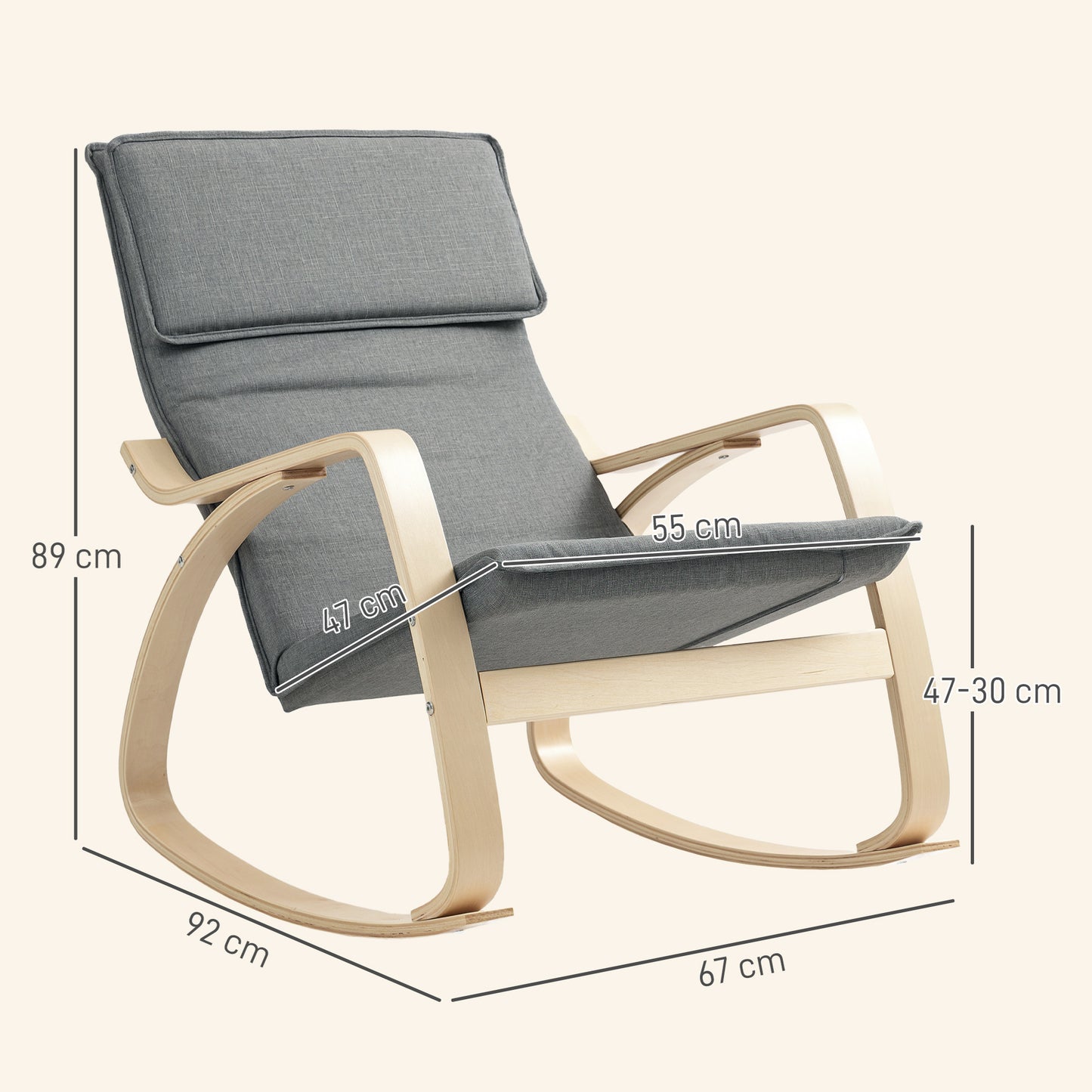 HOMCOM Comfortable Relax Rocking Chair, Upholstered Lounge Chair Recliner with High Back and Headrest for Living Room, Bedroom, Grey