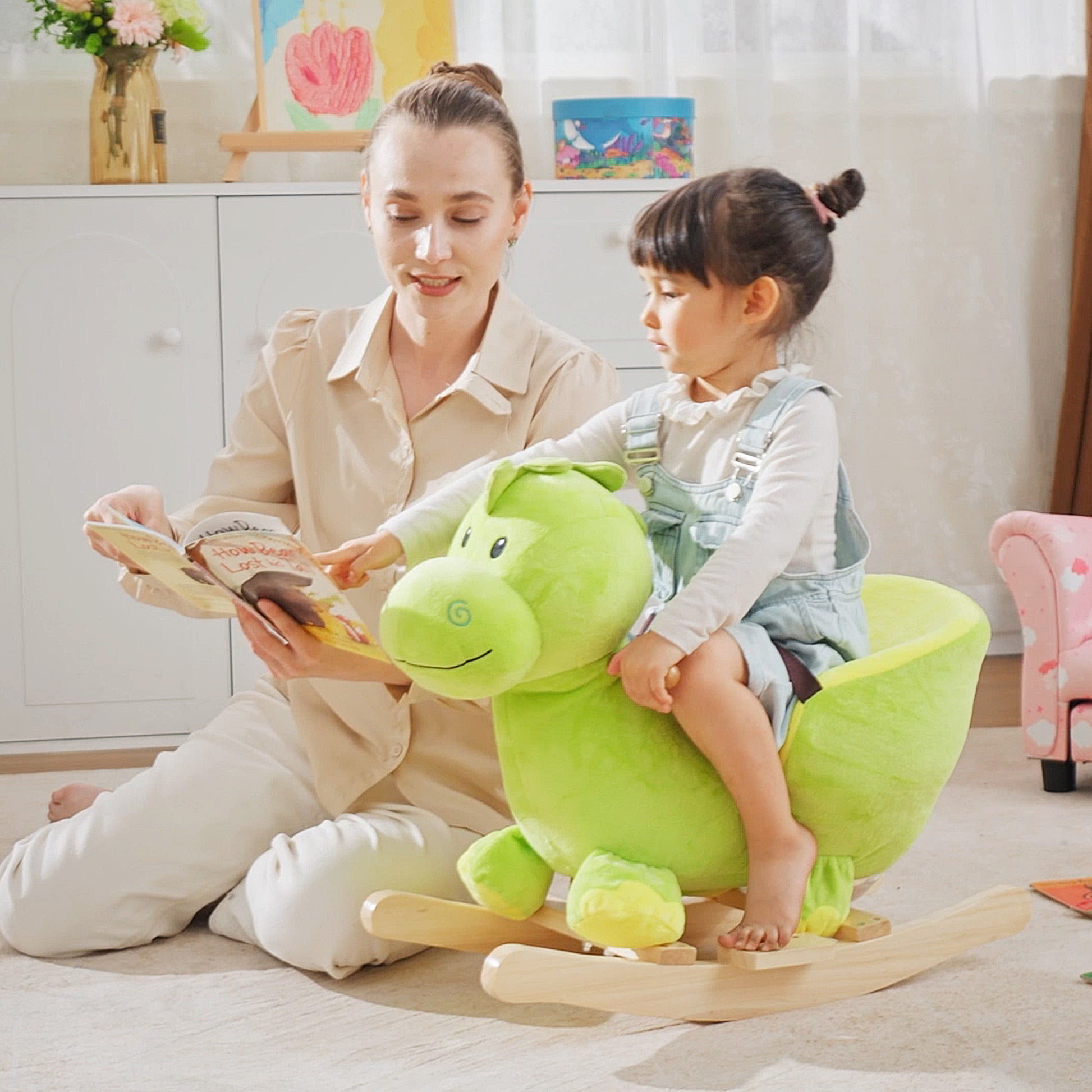 HOMCOM Kids Rocking Horse, Plush Ride-On Dinosaur Seat, with Seat Seat Belt, 32 Songs, Ride-On Horse--ChewyGames-ChewyGames