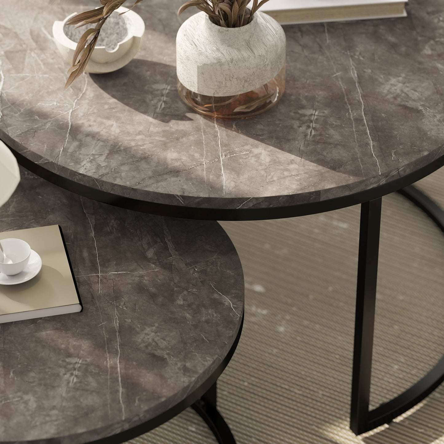 HOMCOM Industrial Nesting Coffee Table Set of 2, Round Coffee Tables, Living Room Table with Faux Marbled Top and Steel Frame