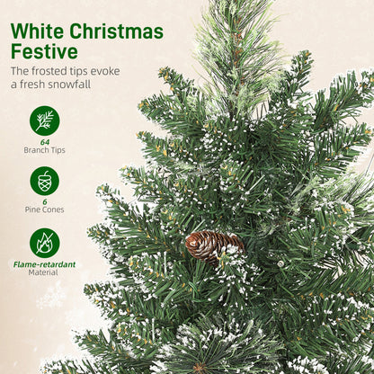 HOMCOM 60 cm Prelit Small Christmas Tree, Snow Flocked Tabletop Mini Xmas Tree with 35 LED Lights, Pine Cones and Linen Cover Base, Battery Operated, Green