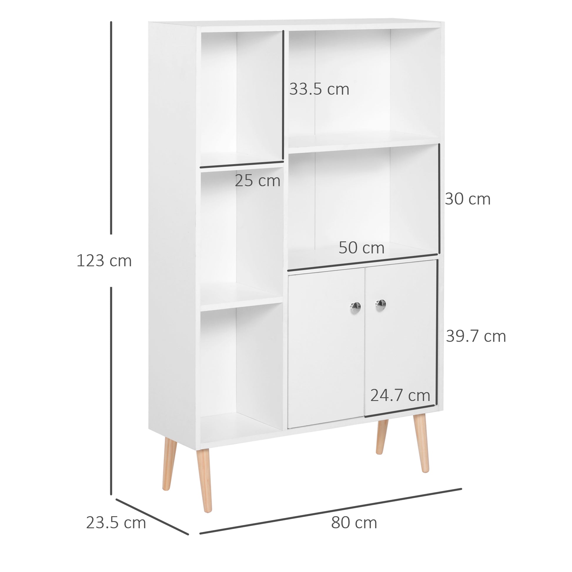 HOMCOM Sideboard Storage Cabinet Cupboard, Open Bookcase with 2 Doors 5 Compartments Wooden Modern Style for Living Room Bedroom Kitchen 80 x 23 x 123 cm, White--ChewyGames-ChewyGames