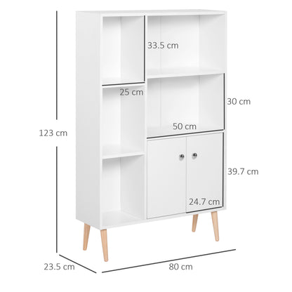 HOMCOM Sideboard Storage Cabinet Cupboard, Open Bookcase with 2 Doors 5 Compartments Wooden Modern Style for Living Room Bedroom Kitchen 80 x 23 x 123 cm, White--ChewyGames-ChewyGames