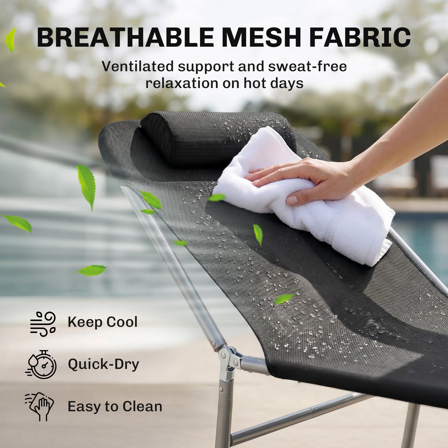 Outsunny Folding Sun Lounger, Texteline Reclining Sun Bed with 5 Position Adjustable Backrest, Headrest, Black-Sunbeds-ChewyGames-ChewyGames