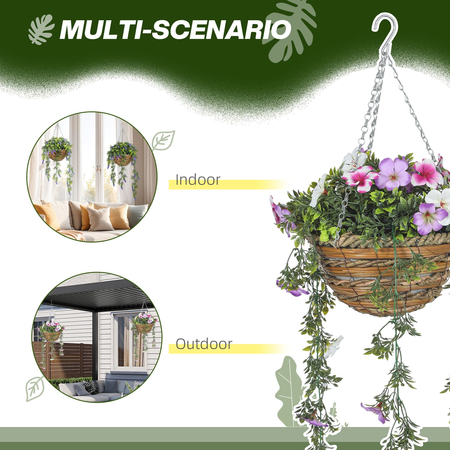HOMCOM Set of 2 Artificial Silk Azalea Flowers, Hanging Planters with Basket, Faux Plants for Home Indoor Outdoor Decor, Pink and White