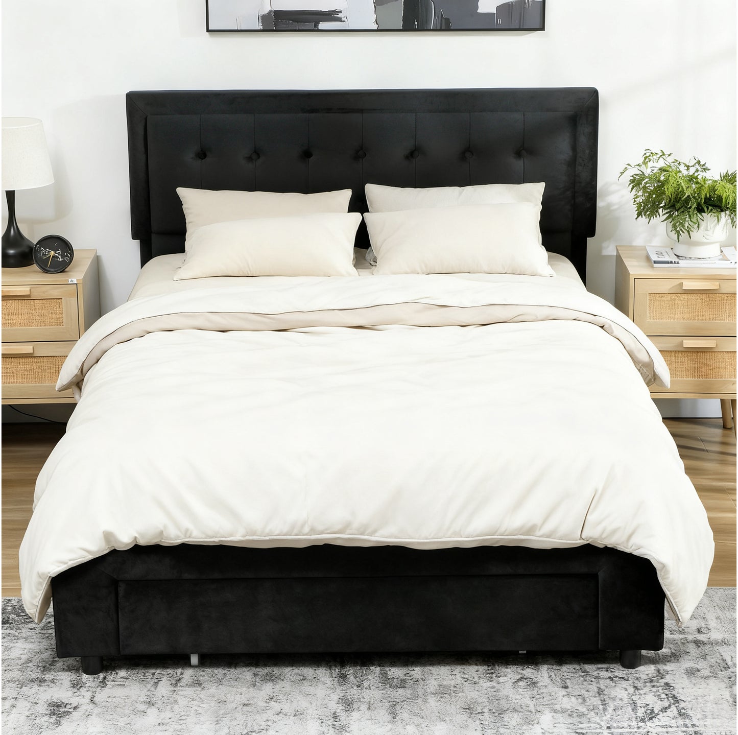 HOMCOM PU Leather King Size Ottoman Bed Frame, with Front Drawer - Black