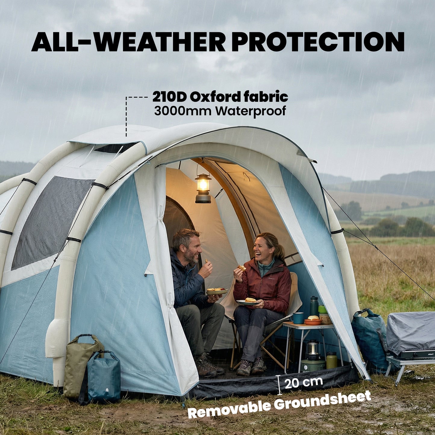 Outsunny Inflatable Camping Tent w/ Air Pump, Easy Setup 2-3 Person Blow Up Tent, Light Blue