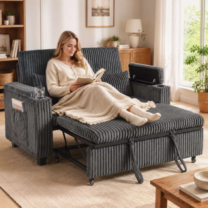 HOMCOM 2 Seater Sofa Bed, Pull Out Sleeper Sofa w/ Adjustable Backrest, Storage Armrests, Cup Holders, Side Pockets, Dark Grey