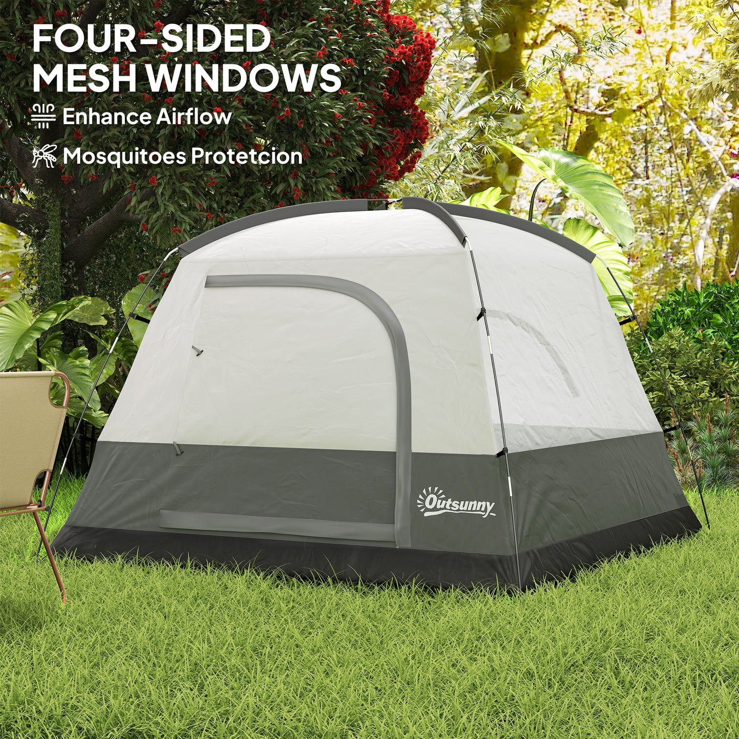 Outsunny 3-4 Person Camping Tent, Easy Set Up Waterproof Dome Tent with Sewn-in Groundsheet, Mesh Windows, Pocket and Hook for Camping, Hiking, Backpacking, Orange and Grey