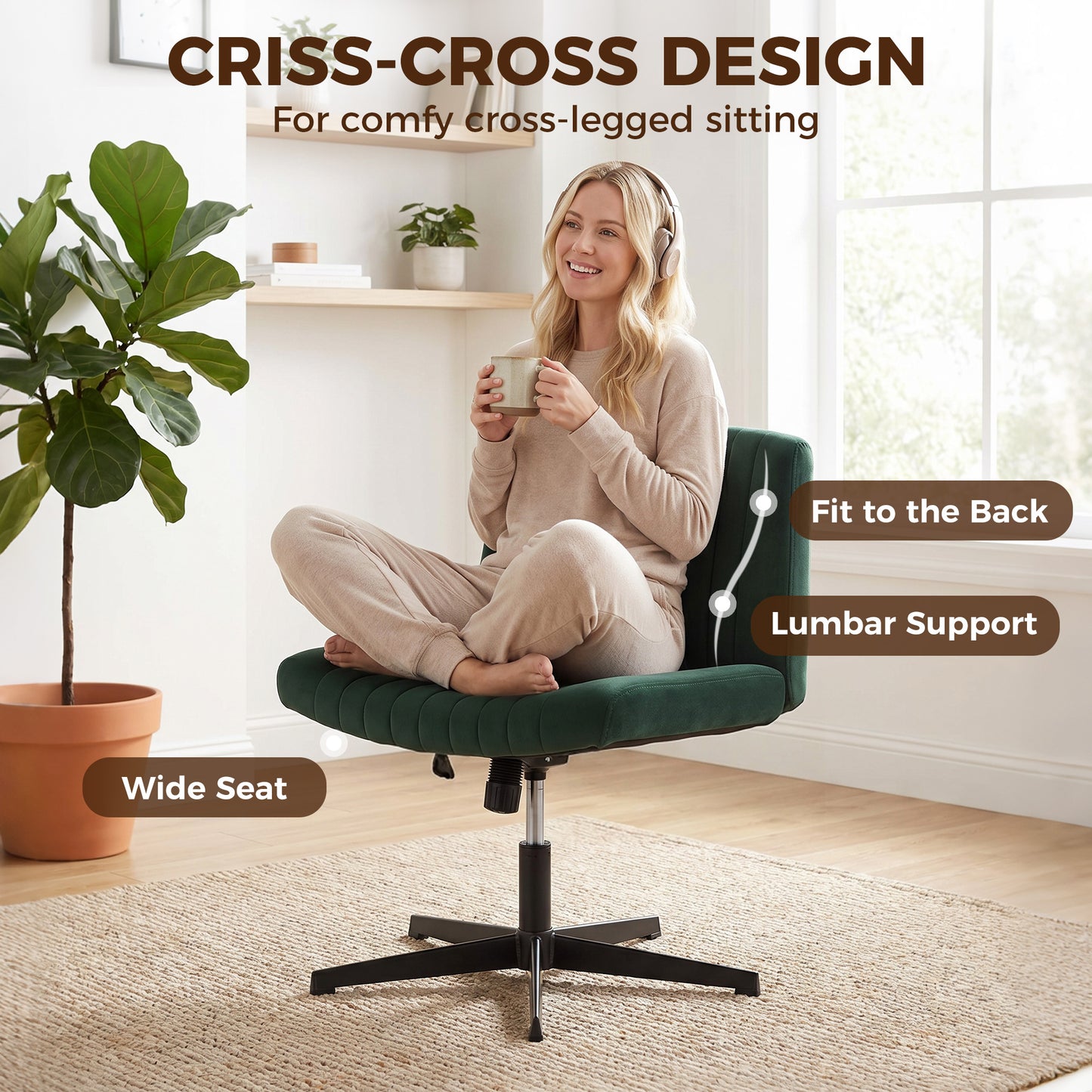 HOMCOM Flannel Criss Cross Legged Desk Chair, Armless Office Chair No Wheels, Green