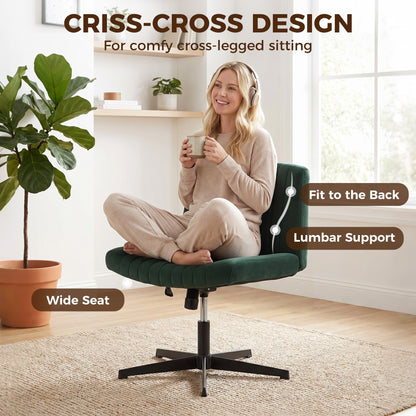 HOMCOM Flannel Criss Cross Legged Desk Chair, Armless Office Chair No Wheels, Green