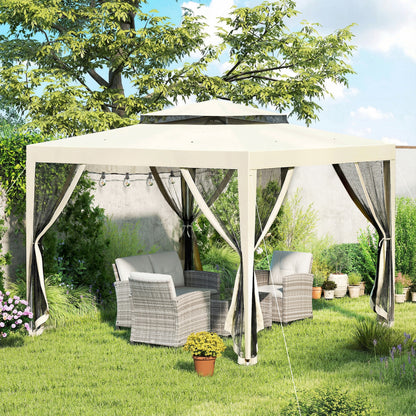 Outsunny 3 x 3 m Gazebo, Netting Party Tent, Patio Canopy Outdoor Event Shelter with Double Tier Roof, Beige