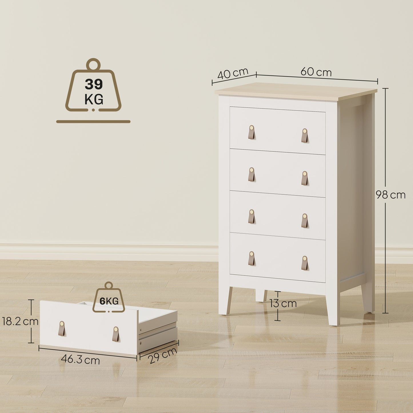 HOMCOM Bedroom Chest of Drawers, Modern 4 Drawer Dresser Cabinet with PU Leather Handles and Metal Runners for Living Room, Hallway, Entryway, 60 x 40 x 98 cm, White