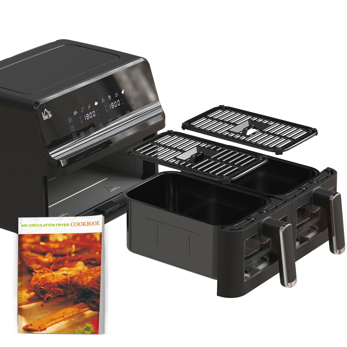 HOMCOM 8L Dual Basket Air Fryer, 8-in-1 Air Fryer Oven with Digital Display, Visible, Timer, Preheat for Oil Free Low Fat Cooking, 2500W, Sync Finish, Sliver