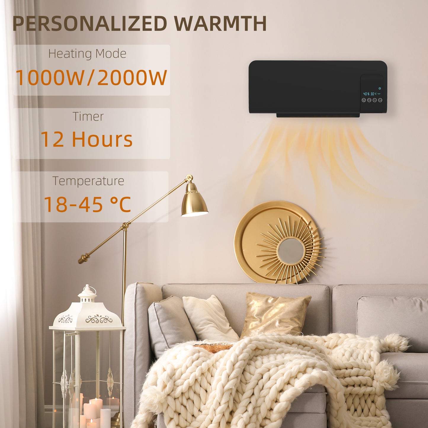 HOMCOM 2000W Wall Mounted Heater, 18-45°C Temperature, Black