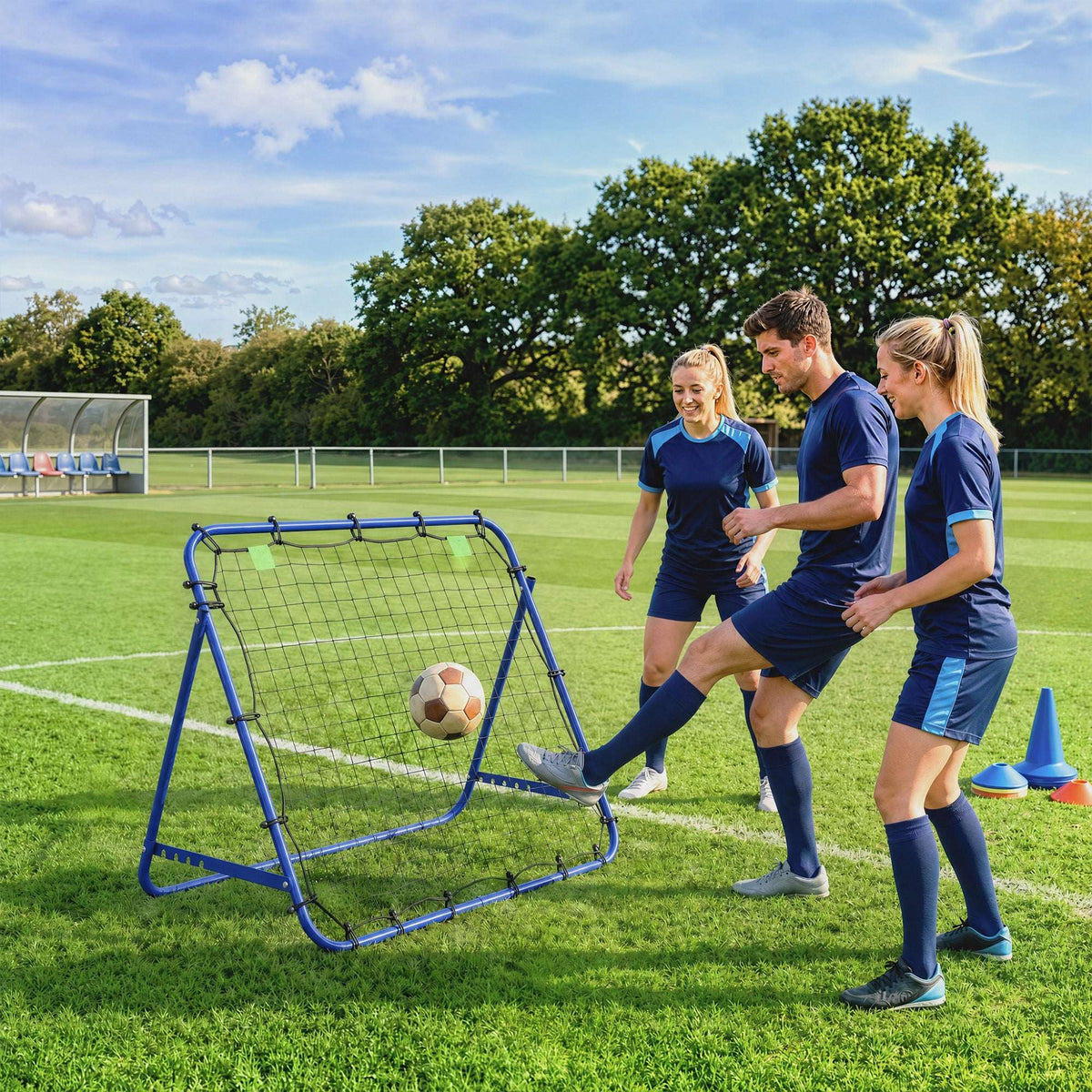 HOMCOM Adjustable Rebounder Net Kickback Target Goal for Teens Adults Training, Blue