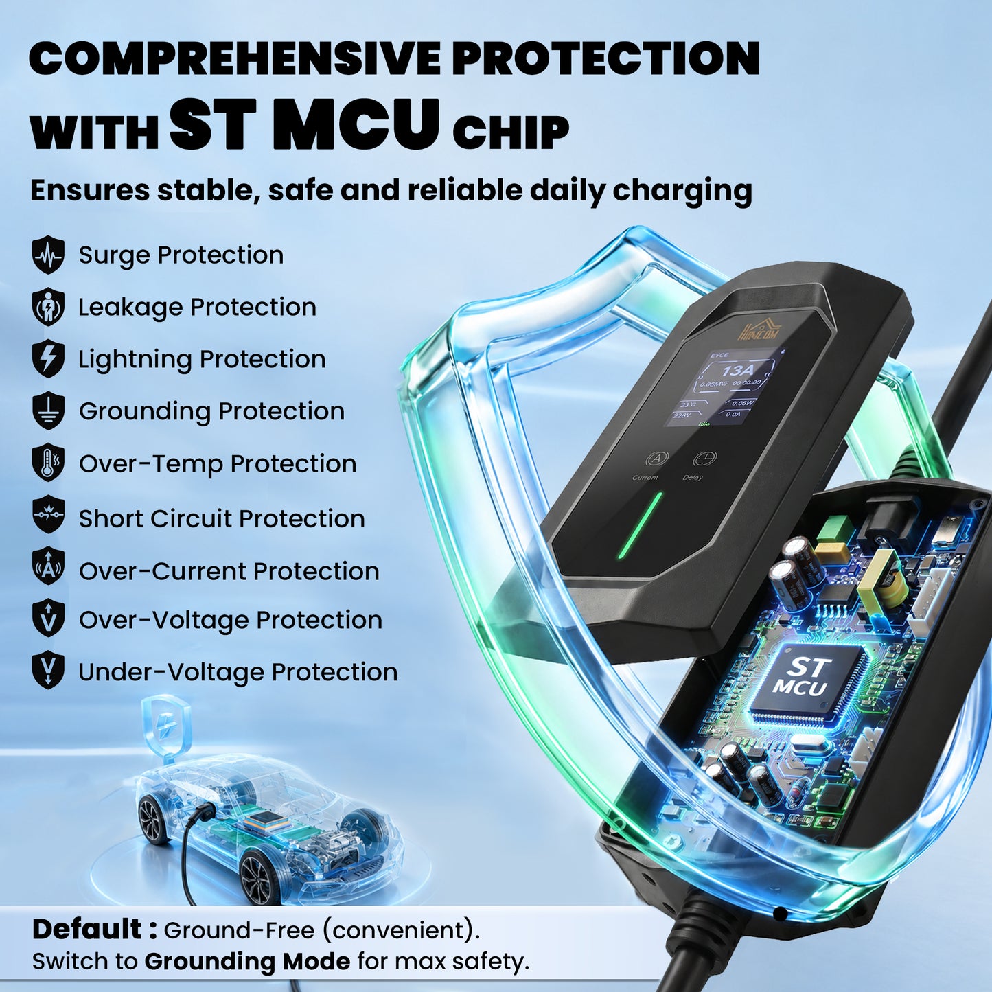 HOMCOM EV Charger Type 2 to 3 Pin Plug, 10 m, 2.8 kW, 6-13 A, Electric Car Charger Type 2 Charging Cable w/ 1-12 h Time Delay