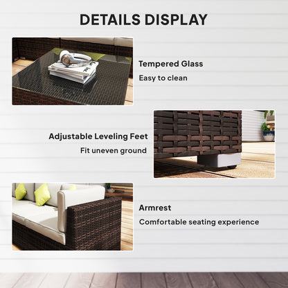 Outsunny 8 Piece Rattan Corner Sofa Set with Wide & Deep Seat, Assembled Aluminium PE Rattan Garden Furniture Set with Thick Cushions and Glass Top Table for Outdoor, Conservatory, Mixed Brown-Outdoor Furniture Sets-ChewyGames-ChewyGames