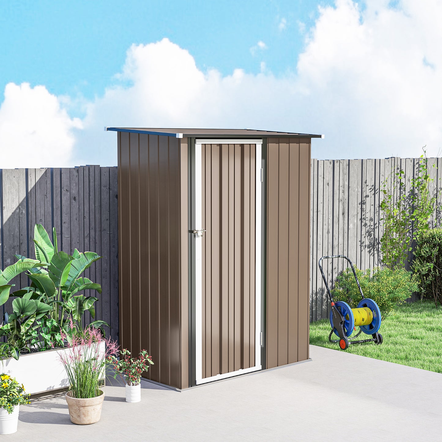 Outsunny 5ft x 3ft Garden Storage Shed, Galvanised Outdoor Metal Shed Waterproof with Sloped Roof, Lockable Door for Patio Tools, Equipment, Brown