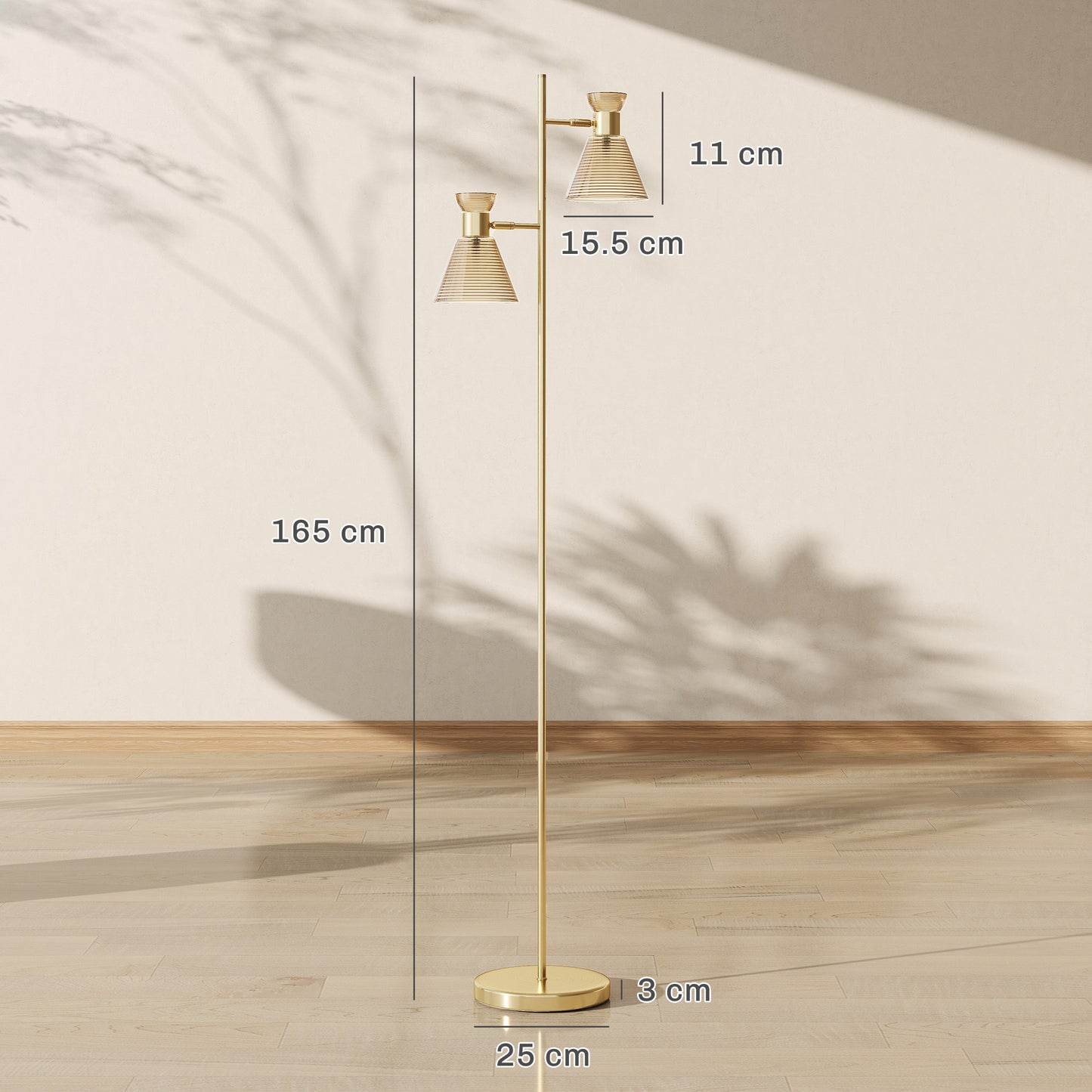 HOMCOM Floor Lamp with Adjustable Dual Head, Modern Standing Lamp with Floral Glass Shades and Foot Switch for Living Room Bedroom, E27 Socket, Bulb Not Included, Gold Tone