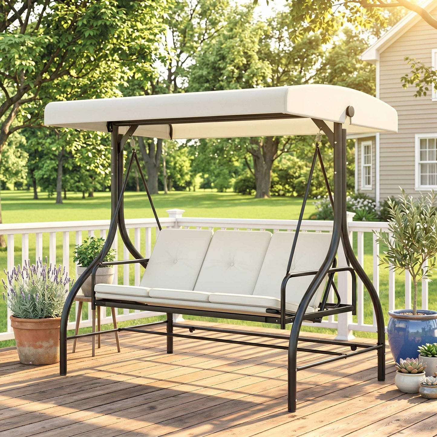 Outsunny 3 Seater Canopy Swing Chair, 2 in 1 Garden Swing Seat Bed, with Adjustable Canopy and Metal Frame, Cream White