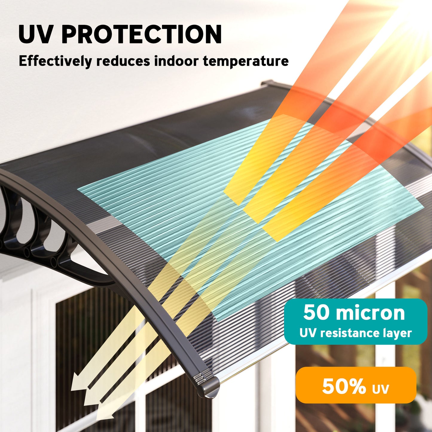 Outsunny Front Door Canopy Outdoor Awning Aluminium Rigid Plastic Polycarbonate Rain Shelter UV Water Rain Resistant 100 x 75cm Black