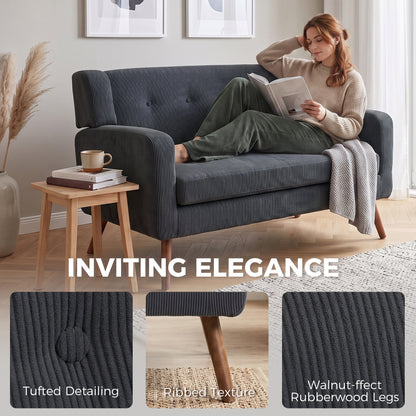 HOMCOM 2 Seater Sofa, 118 cm Corduroy Small Loveseat with Spring Cushion, Wood Legs for Small Space, Living Room, Dark Grey