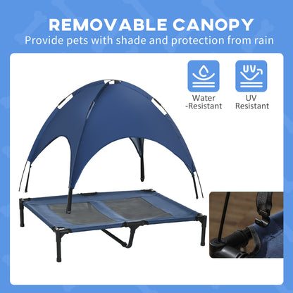 PawHut Outdoor Dog Bed with Removable Canopy, Portable Raised Dog Bed for Camping, Garden & Beach, Water-Resistant UV-Protection Mesh Pet Cot Sun Lounger, for Large Pets, 92 x 76 x 90 cm, Dark Blue