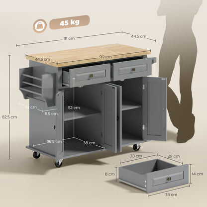 HOMCOM Rolling Kitchen Island Storage Trolley with Rubber Wood Top & Drawers for Dining Room, Grey