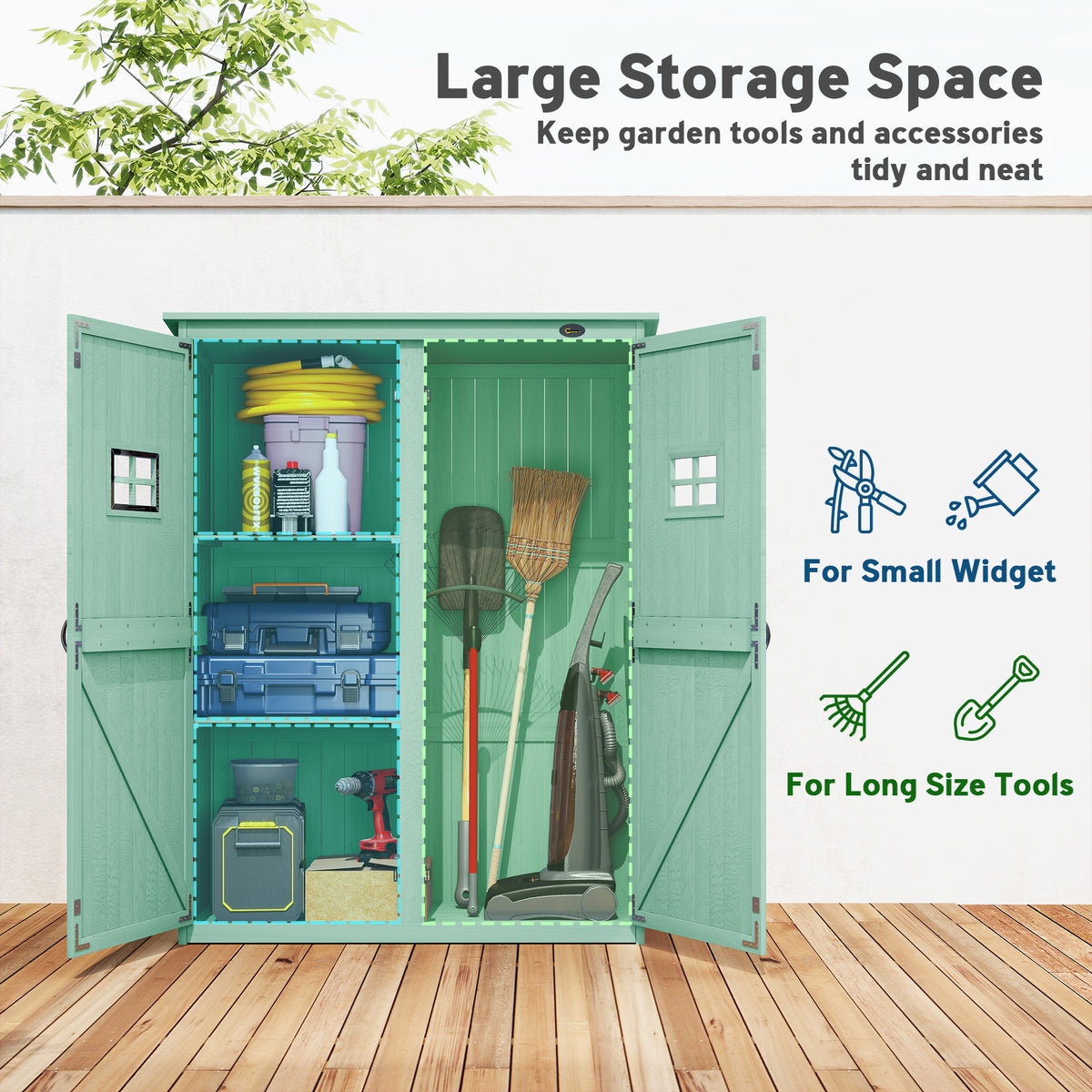 Outsunny Wooden Garden Shed with Two Windows, Tool Storage Cabinet, Outdoor Double Door organiser 127.5L x 50W x 164H cm, Green